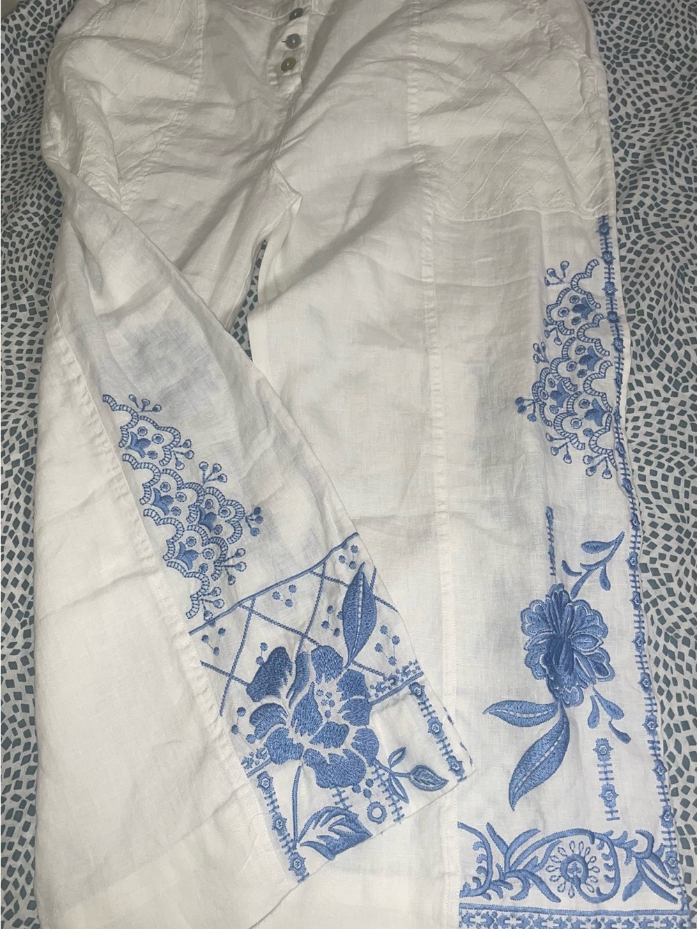 JW Los Angeles White & Blue Linen Embroidered Pants Floral Elastic Waist XL